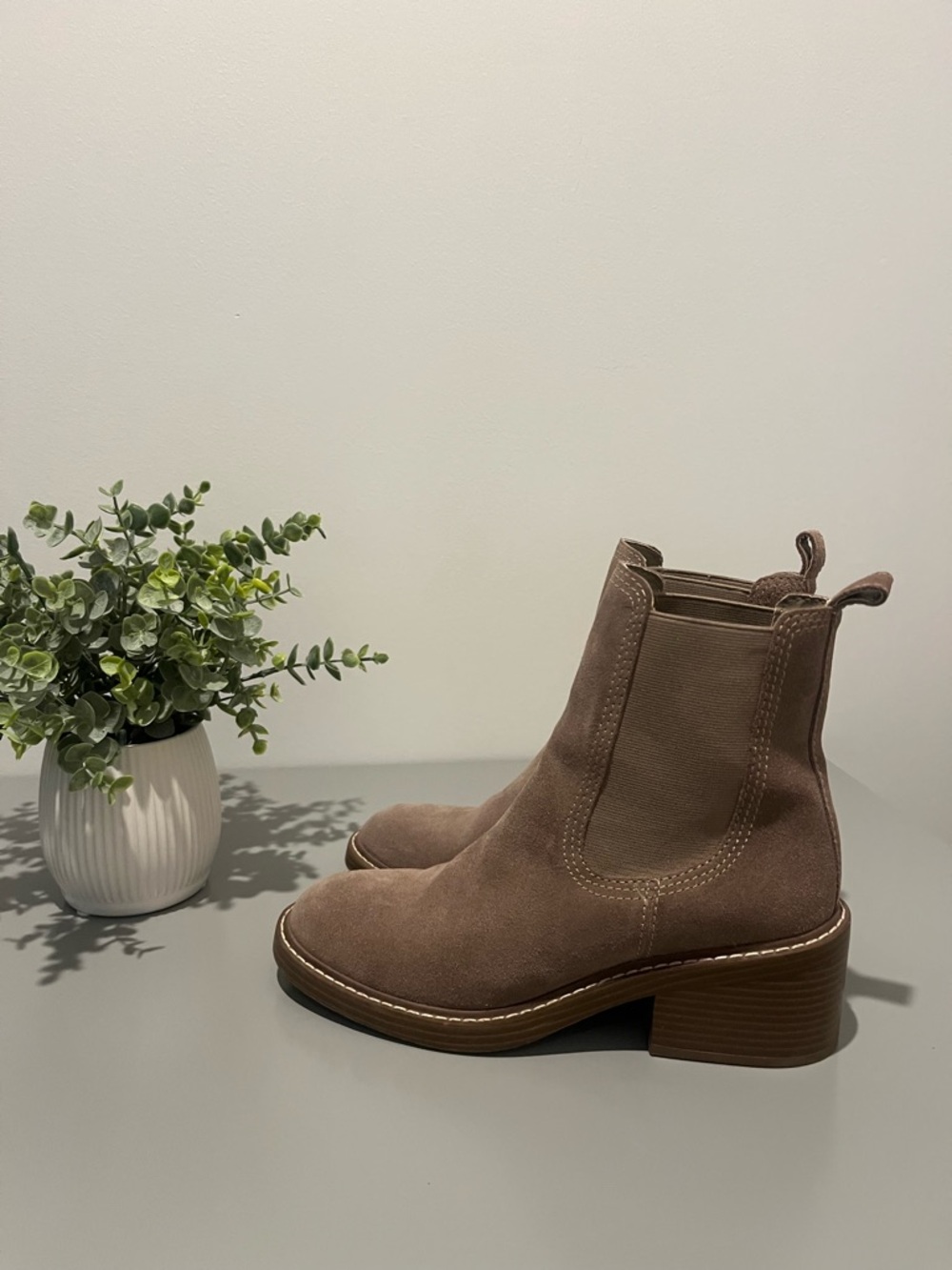 Steve Madden Taupe Suede Chelsea Block Heel Booties